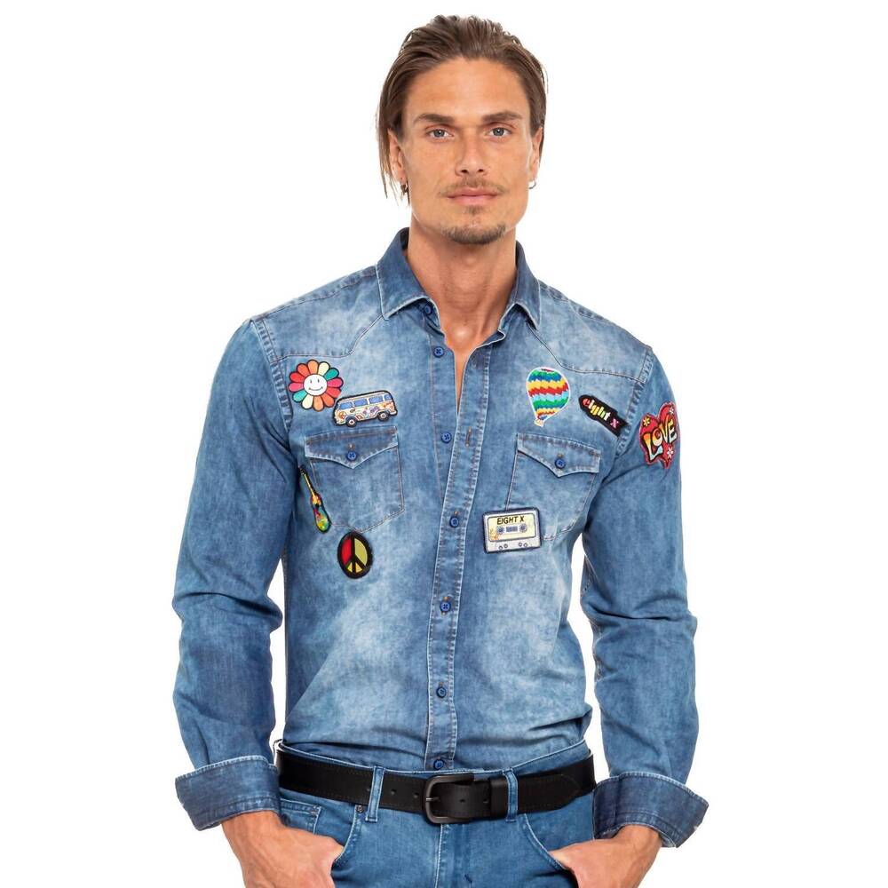 NEW EIGHT X happy days patched denim shirt in blue